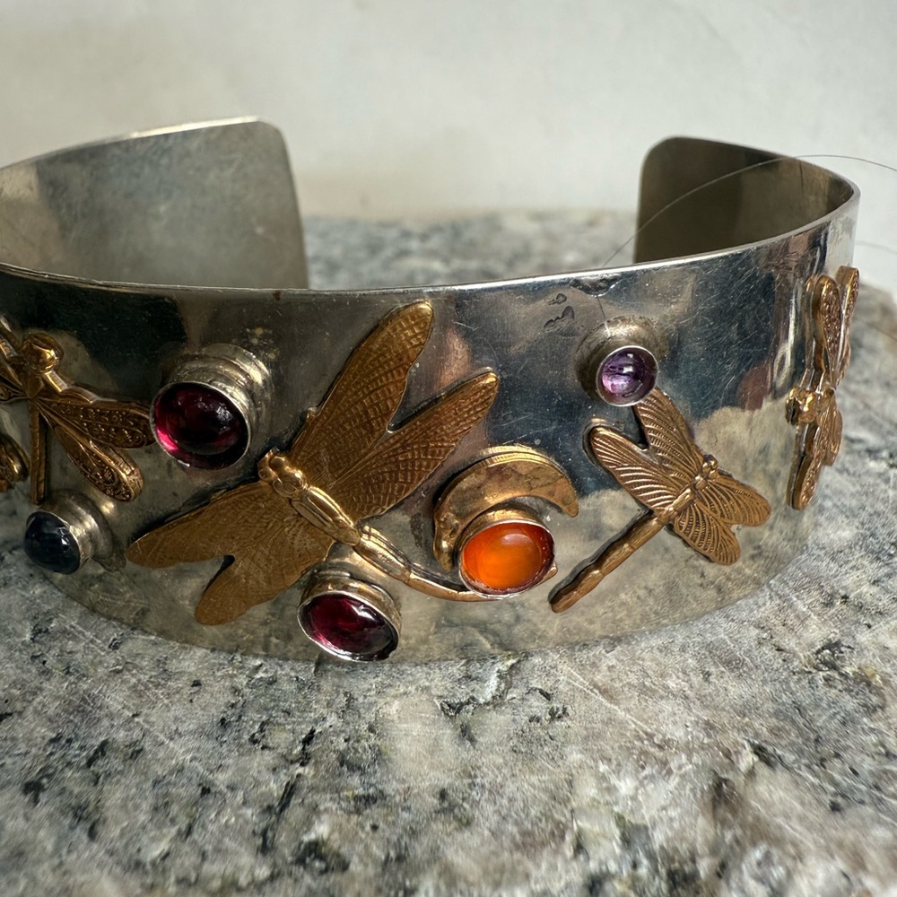 Silver and Copper Tone Dragonfly and Gemstone Cuff Bracelet